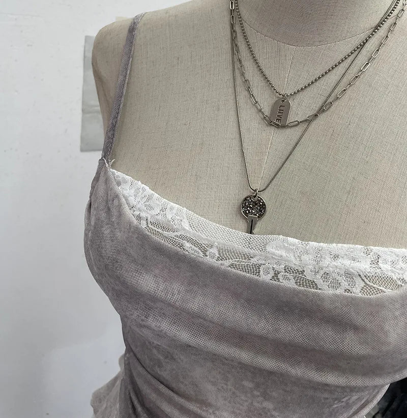 ISAROSE Summer Y2K Camisole for Women Casual Spaghetti Straps Double Layers Lace Stretch Mesh Patchwork Asymmetrical Slim Tops