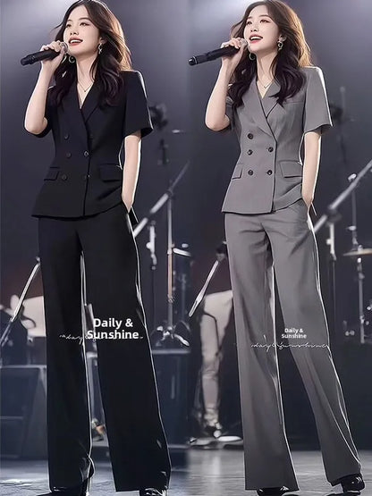 Elegant Short Sleeve Suit Set Women's Summer New Style Powerful Businesslike Top And Pants Two Pieces Set High Waist Pants