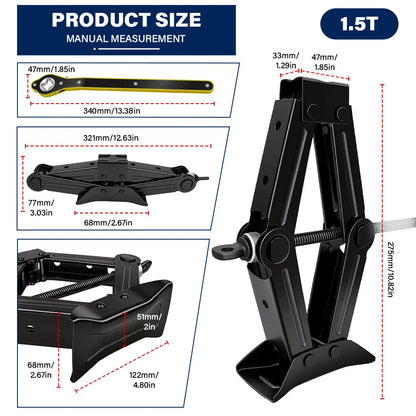 1.5T/2T Car Scissor Jack Auto Emergency Crank Lift Stand Labor-Saving Repair & Tire Replacement Tool with Wrench for SUV Vehicle