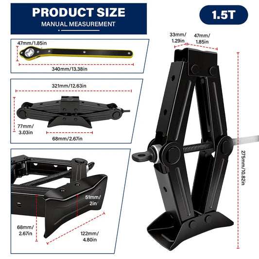 1.5T/2T Car Scissor Jack Auto Emergency Crank Lift Stand Labor-Saving Repair & Tire Replacement Tool with Wrench for SUV Vehicle