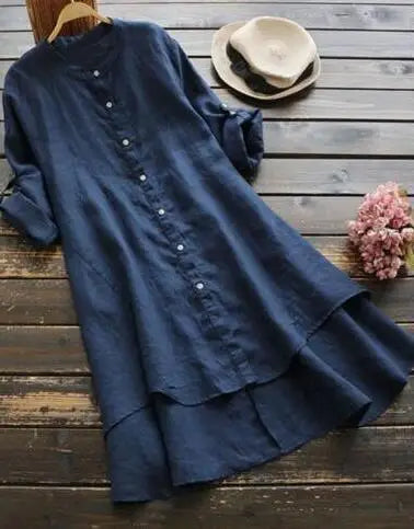 Women's Long Cotton Linen irt Blouse Top Pure Color Stand Collar Button Sve Polyester Fiber Mid-Length Gored Hem