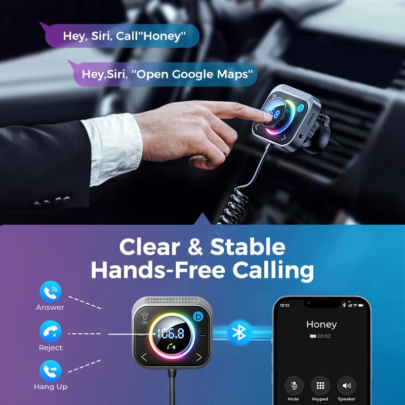 Joyroom Bluetooth 5.3 FM/AUX Transmitter Car Adapter Audio FM Transmitter Bass Boost 3 Ports PD&QC 3.0 FM Bluetooth Fast Charger