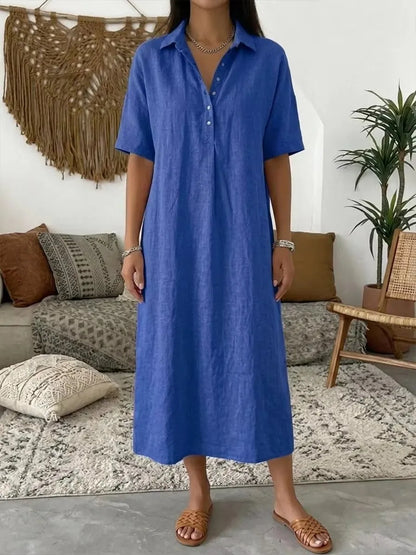 2026 Women's New Casual Straight-Cut Comfortable Polo-Neck Linen Short-Sleeve Dress
