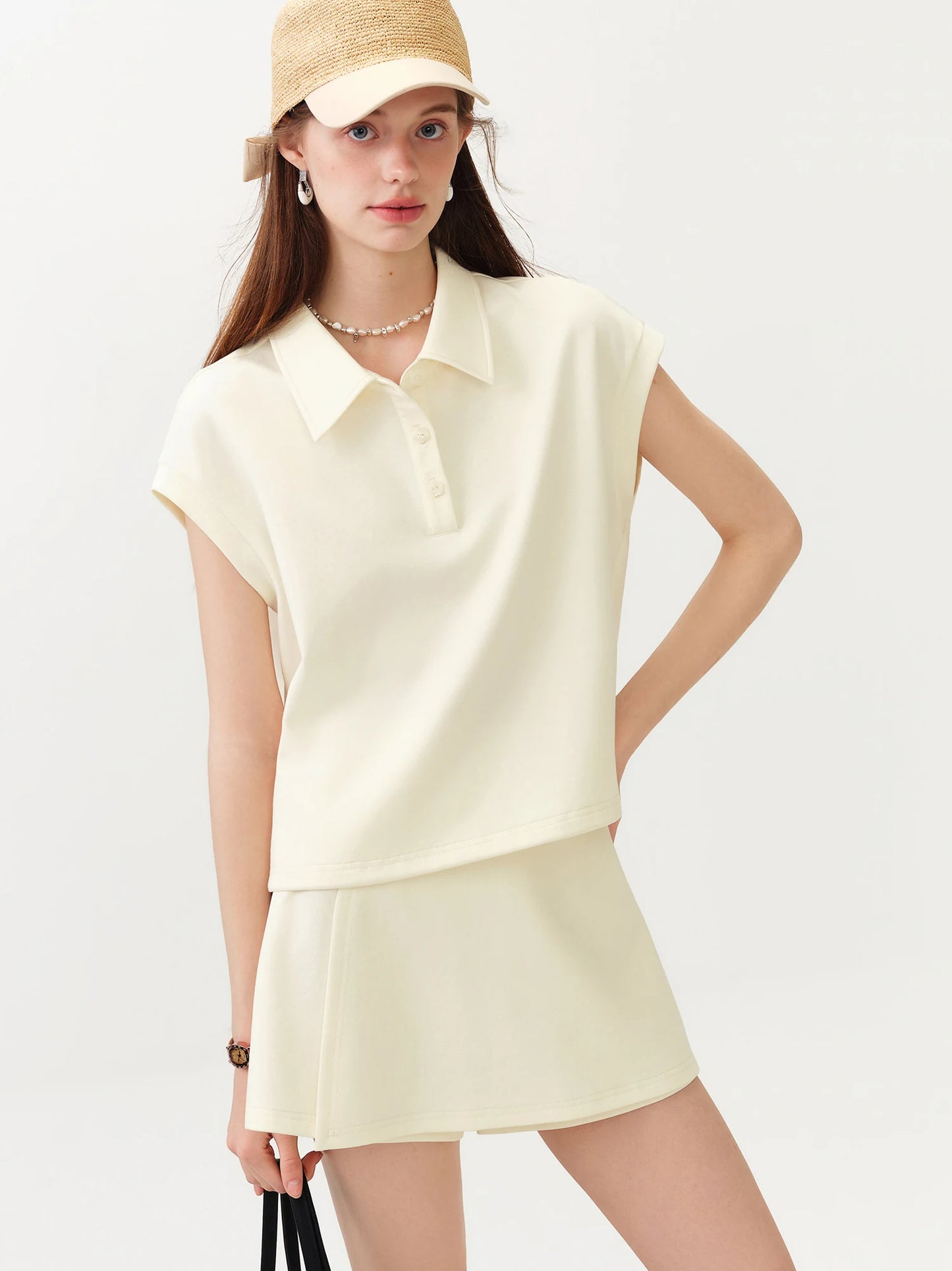 FSLE 2026 Summer Women's Short Sleeves Polo Top Culottes Set, High-Rise Split-Joint Skirt Pants for Tennis Core Athflow Style