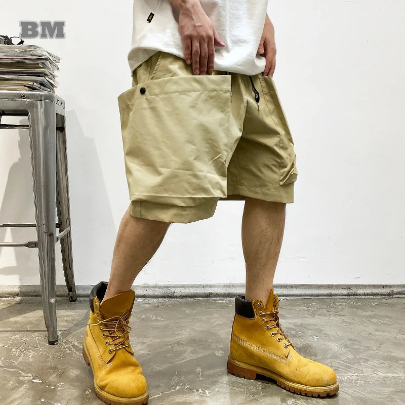 Summer Korean Trendy Big Pocket Cargo Shorts Men Clothing Japanese Streetwear High Quality Nylon Casual Baggy Pants Harajuku