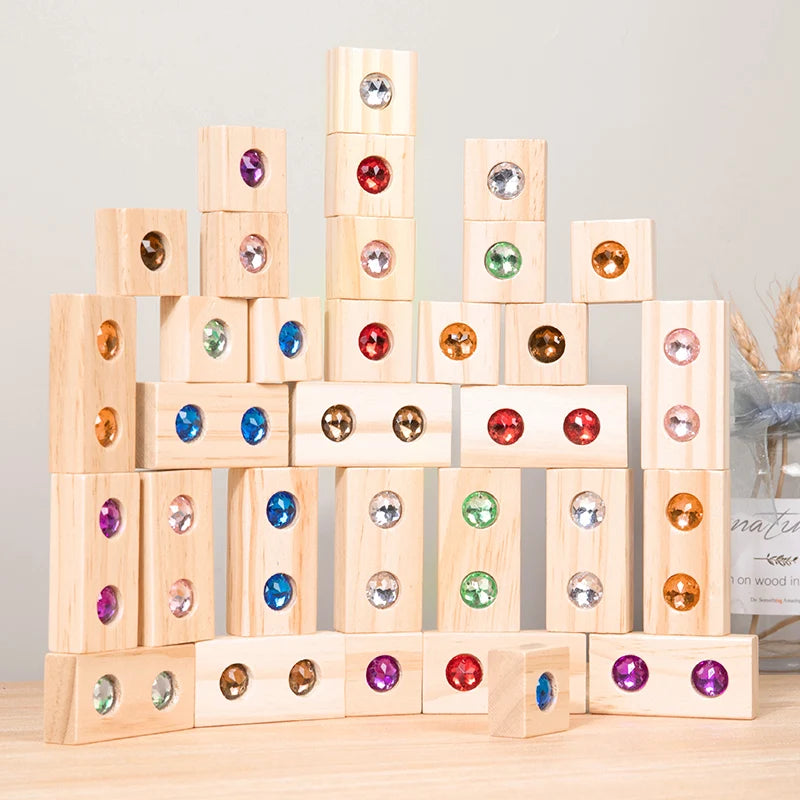 Kids Wooden DIY Blocks Sparkling Acrylic Toy Montessori Rainbow Gem Stacking Blocks Colorful Educational Wooden Creative Toys