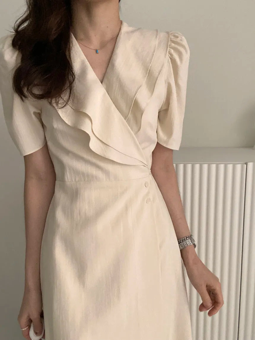 Retro Double Layered Collar Bubble Sleeve  Dress Elegant Short Sleeve V Neck Summer Casual Women's Dress