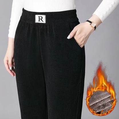 Autumn Winter Thickened Fleece Harlan Pants Women's Loose Casual Straight Leg Pants with Pockets Polyester Fiber Long Trousers
