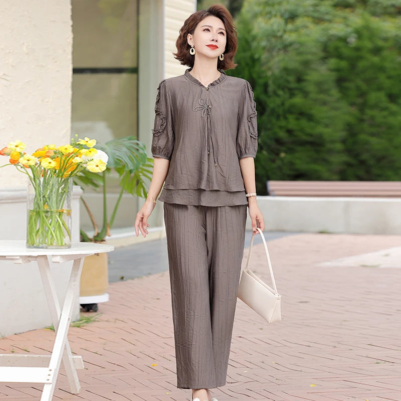 Mother's Day Fashionable Summer Outfit Set Casual Short Sleeve Two-Piece Suit for Middle-Aged Women Polyester Fiber V-Neck