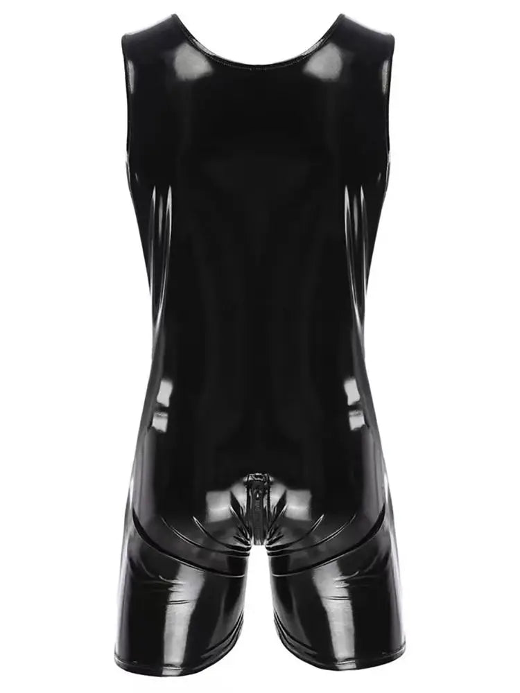 Sleeveless Wet Look PVC Playsuits Catsuit Shiny PU Leather Zipper Open Crotch Bodysuit Tight Sexy Hot Shapers Bodybuilding