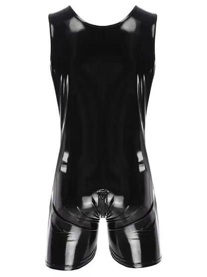 Sleeveless Wet Look PVC Playsuits Catsuit Shiny PU Leather Zipper Open Crotch Bodysuit Tight Sexy Hot Shapers Bodybuilding