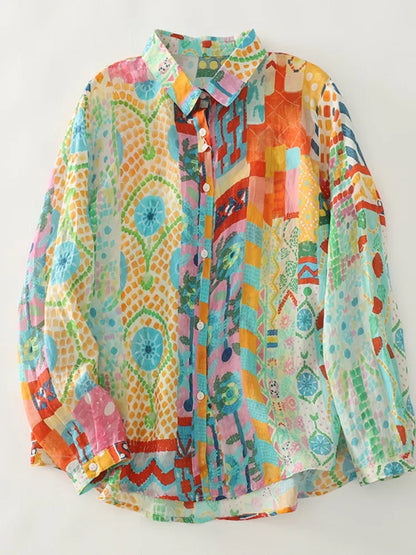 Loose Long Sleeve Linen Shirt Women Spring Thin Breathable Cotton Linen Print Casual Turn-down Collar Top Artistic Style