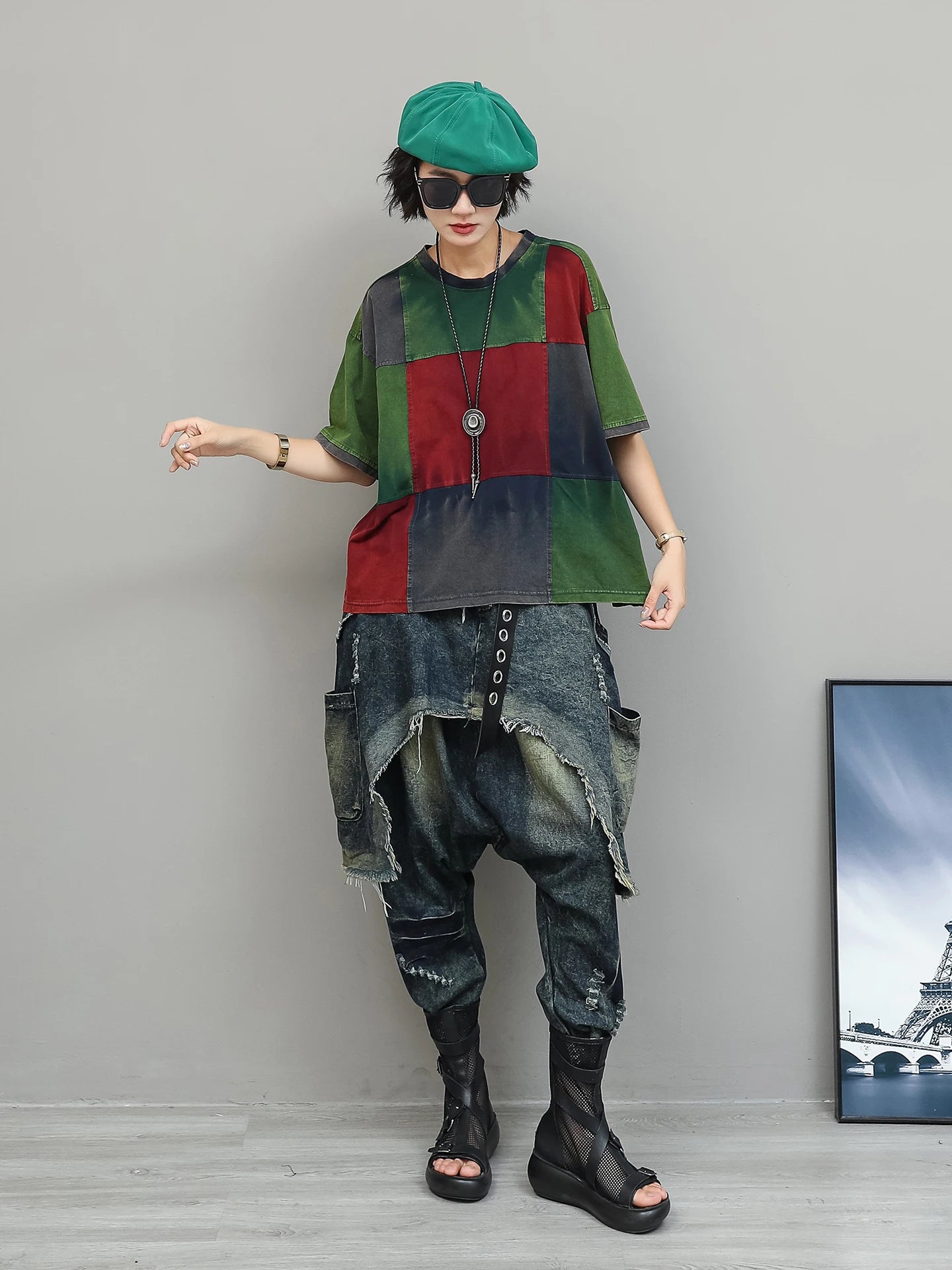 Color-blocked Suit Women Short-sleeve T-shirt + Loose Faux Two-piece Denim Drop-crotch Pants Two Piece Set Summer XY311
