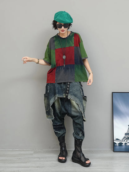 Color-blocked Suit Women Short-sleeve T-shirt + Loose Faux Two-piece Denim Drop-crotch Pants Two Piece Set Summer XY311