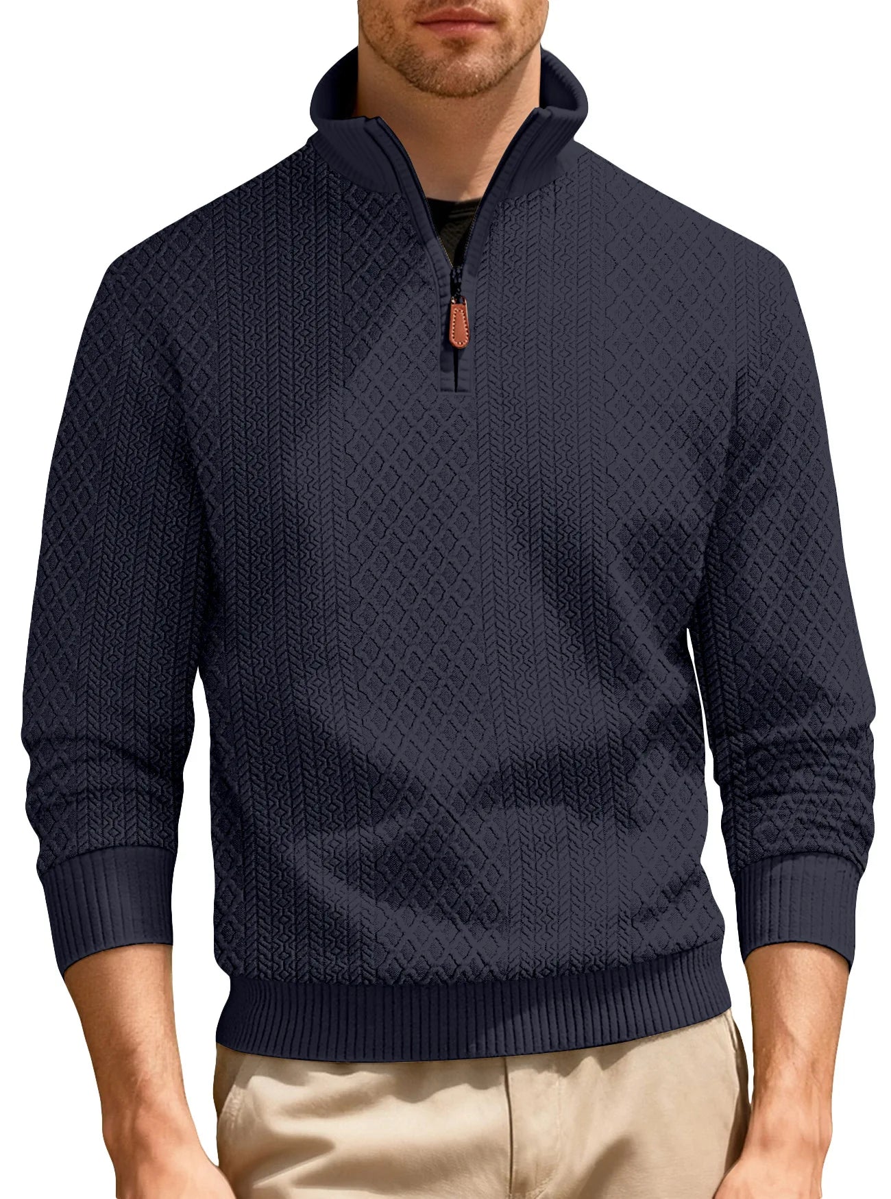 Men's Half Zip Knit Pullover Stand Collar Textured Sweatshirt Casual Top 2026