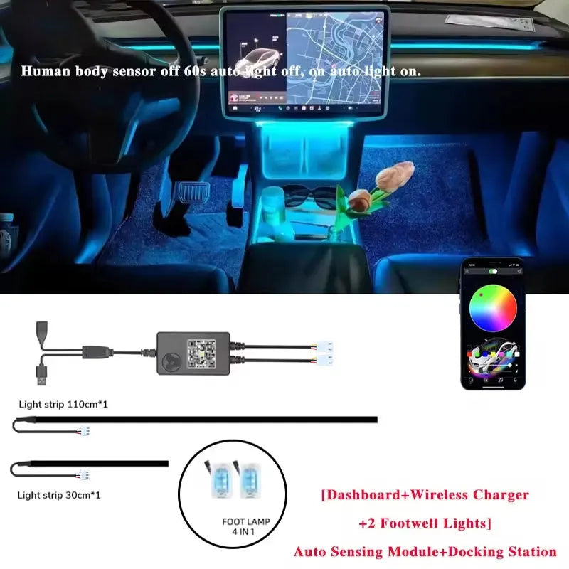 For Tesla Model 3 Model Y Car Ambient Light 60 Seconds Automatic OFF Module With USB Expansion Dock RGB APP Dashboard Lighting