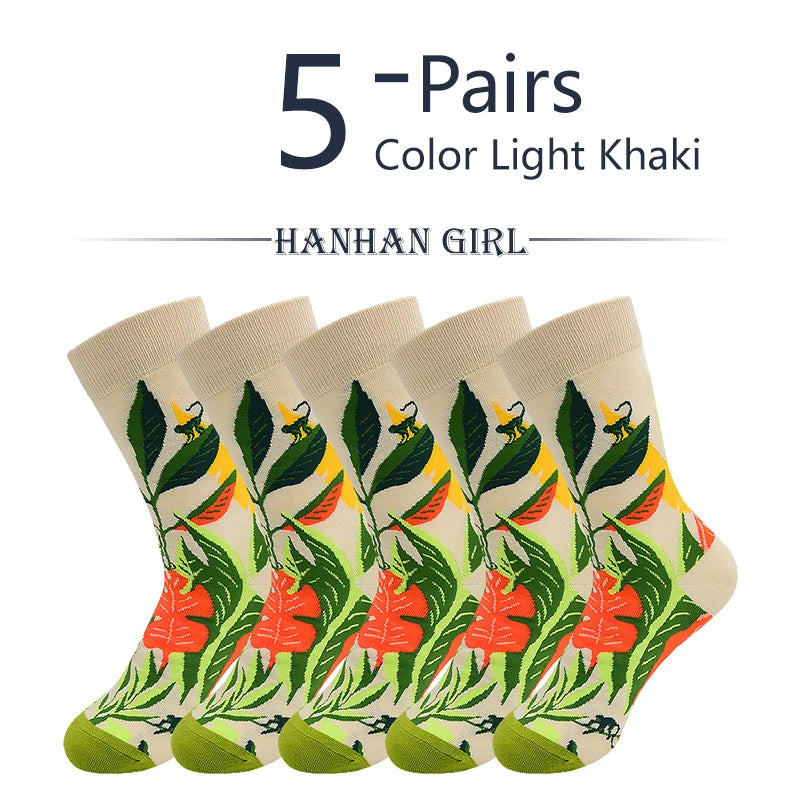 5 Pairs New Arrivals Combed Cotton Women Socks Unisex Cute Floral Styles 8 Color Happy Funny Casual Female Breathable Crew Socks