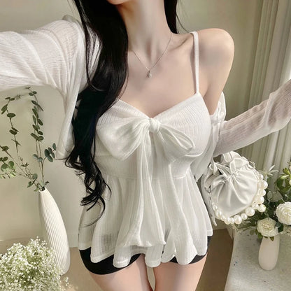 2026 Arrival Korea Dongdaemun Two Piece Set Sexy Slim Fit Bow Knot Tank Top+Elegant Solid Color Short Cardigan Women's Clothing