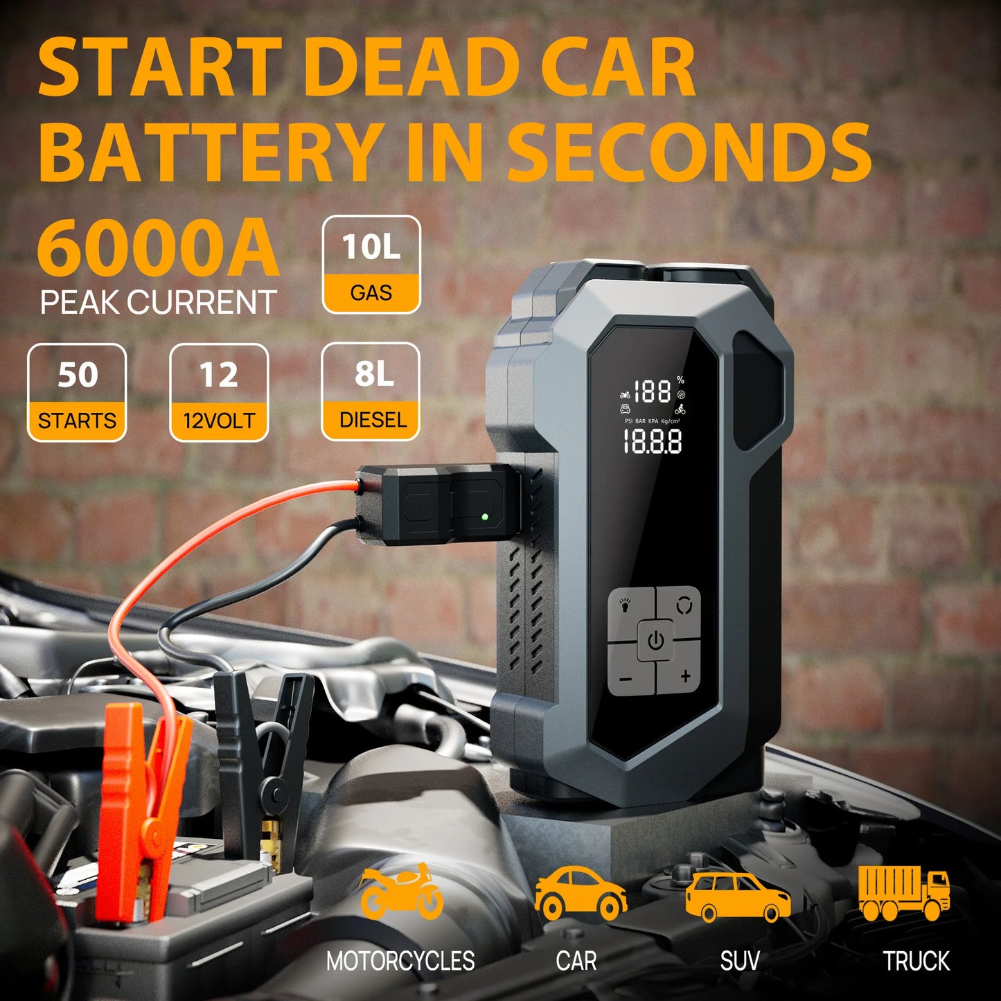 Jump Starter Power Supply Wireless Tire Air Pump Integrated Machine Electric Ignition Artifact Equipped with USB Port LED Light