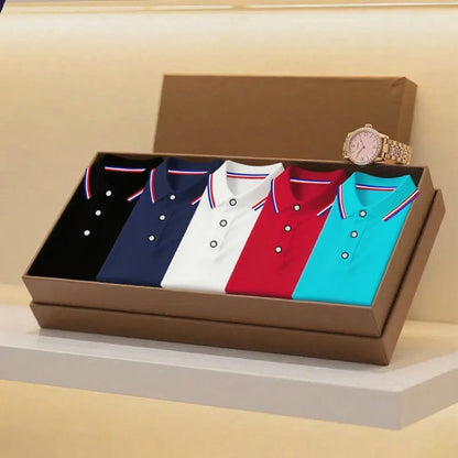 2025 Men's Summer Short Sleeve Lapel Polo 5-piece 1 pack Casual Breathable Comfortable Shirt Solid High Quality Male T-Shirt