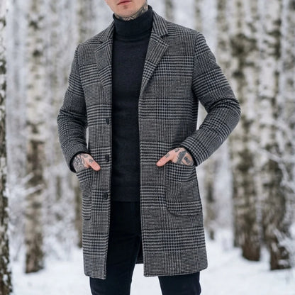 New Winter Men's Trench Coat with Houndstooth Pattern Thickened Lining Windproof Design | Business-Ready Warm Outerwear for Men