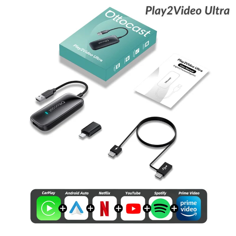 Ottocast Play2Video Ultra Mini Dot WiFi6 AI Box Carplay Adapter Android Auto Media Player YouTube Netflix Install Apps for Audi
