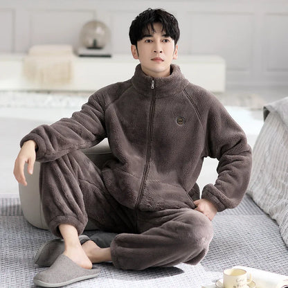 Men's Coral Fleece Pajamas Thickened Flannel Home Clothes Set Autumn Winter Style Long Sleeve Warmth Guarantee Home Scence