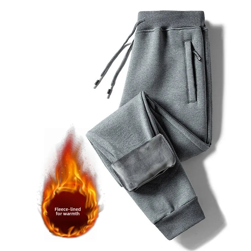 Men's Fleece Lined Loose Fit Trousers Korean Style Casual Pants with Pockets Zipper Closure Autumn Winter Outerwear Cargo Pants