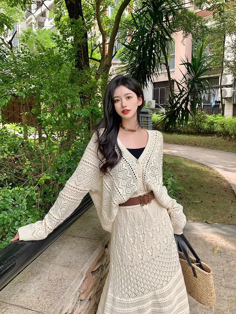 Kumikumi Lazy Style Hollow out Knitted Cardigan Jacket Women's High Waist  Skirt Fashion Set Spring 2025 Acrylic Fabric