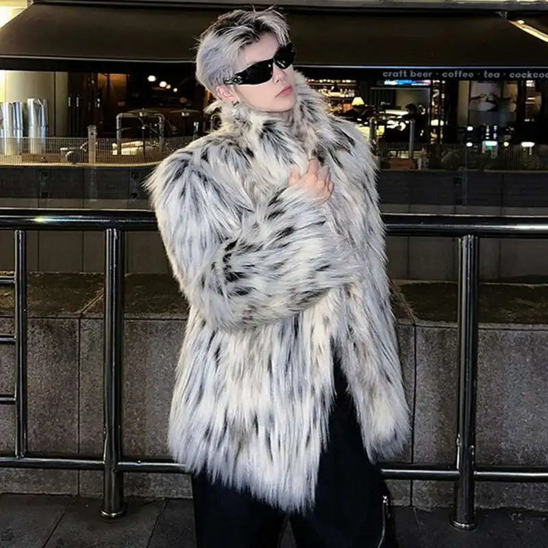 LUZHEN Popular High End Trendy Faux Fur Overcoat Leopard Personalized Elegant Casual Windproof Winter Men's Tops New Coat LZ7984
