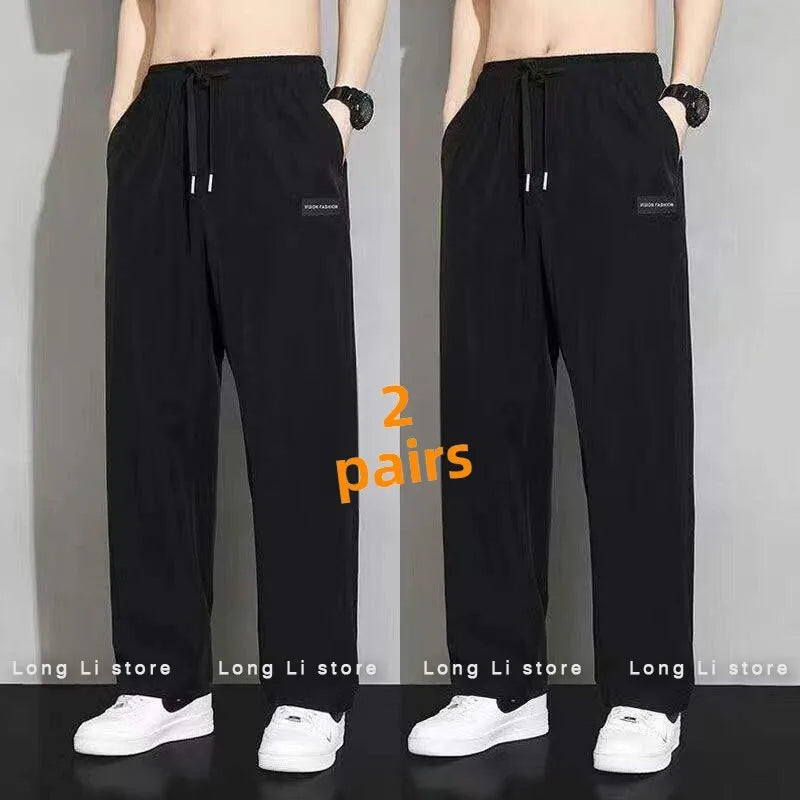 Summer Men's Casual Loose Straight Leg Sport Pants Thin Ice Silk Resistant Stain Versatile Wide Leg Pants Draping Effect