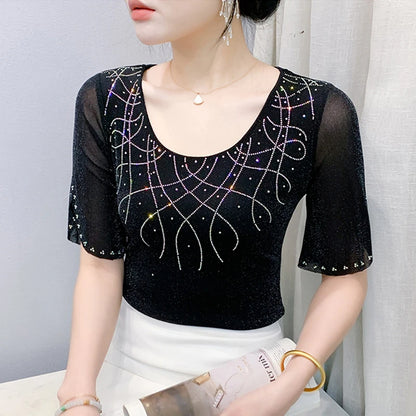 2026 Spring Summer Mesh Tops Korean Fashion Diamond T Shirt Slim 3/4 Sleeve Hollow Out Casual Women Shirt