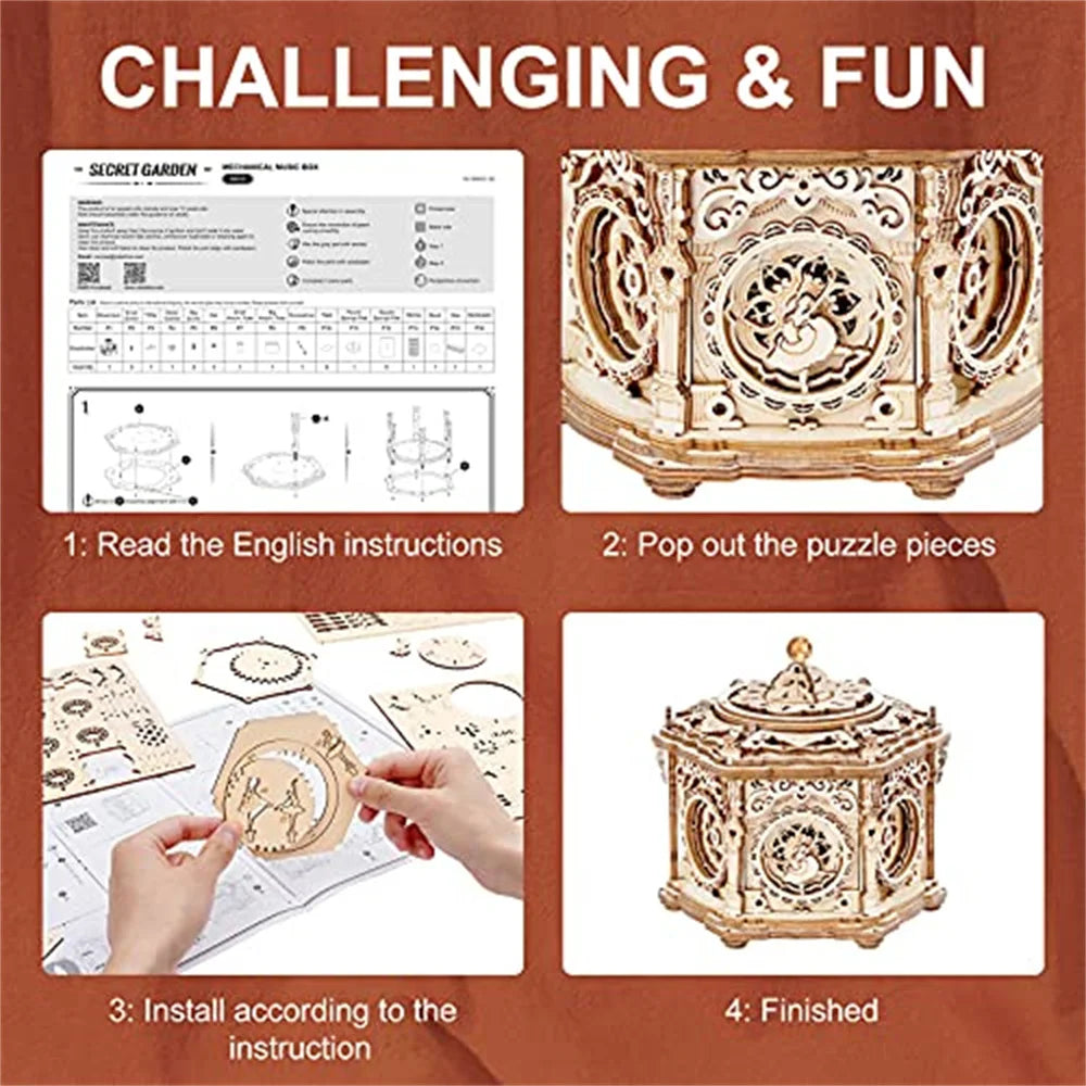 Robotime Secret Garden DIY Mechanical Music Box Kit 3D Wooden Puzzle Box for Adults Self-Assembly Building Project