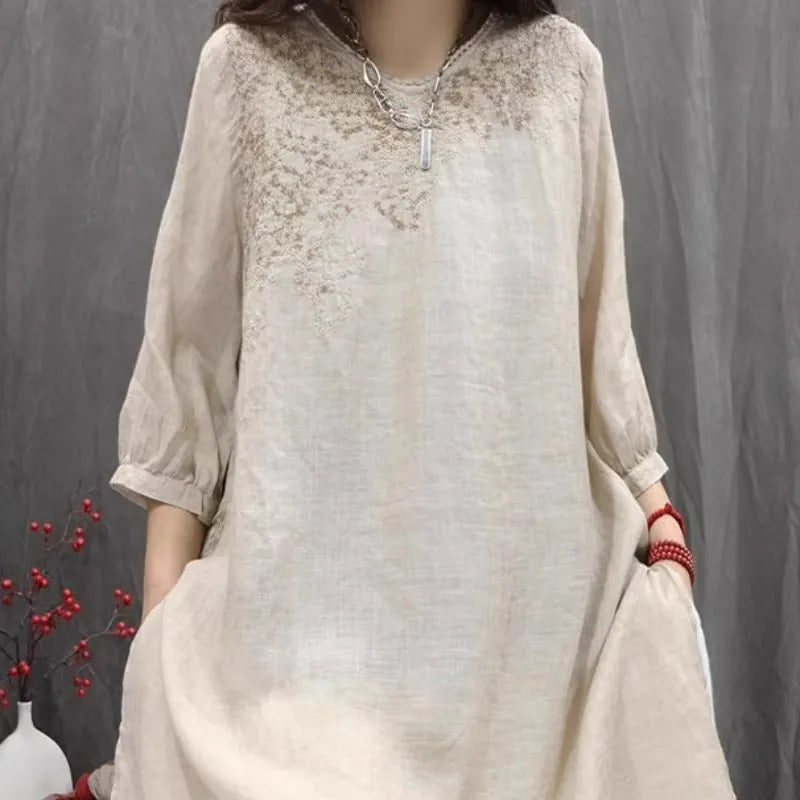 Retro Cotton Linen Embroidered Shirt Women's Thin Loose Mid-Length Open Split Top Korean Style Commute Fashion Summer 2025