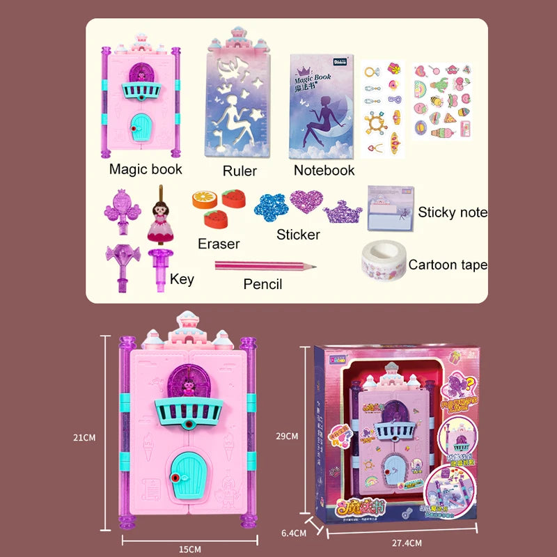 Princess Magic Book Girls Diary Toy With Lock Keys Pencil Sharpener Eraser Sticker Education Supplies Toy Gift for Kid Girl