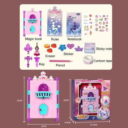 Princess Magic Book Girls Diary Toy With Lock Keys Pencil Sharpener Eraser Sticker Education Supplies Toy Gift for Kid Girl