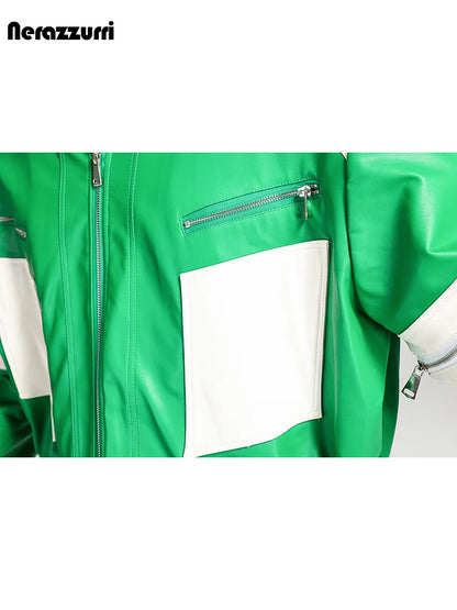 Nerazzurri Autumn Winter Short Quilted Warm Oversized Green and White Patchwork Pu Leather Jacket Men Luxury Designer Menswear