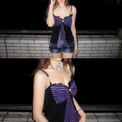 Goth Punk Y2K Clothes 2000s Stripes Lace-up Large Bows Slim Tank Tops Design Tops Streetwear Sexy Camis T-shirts Cute Halter Top