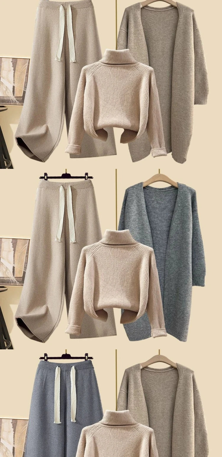 Fashionable Knitted Three-Piece Set Women's Autumn New Lazy Style Open Cardigan Outerwear Slimming Wide Leg Pants