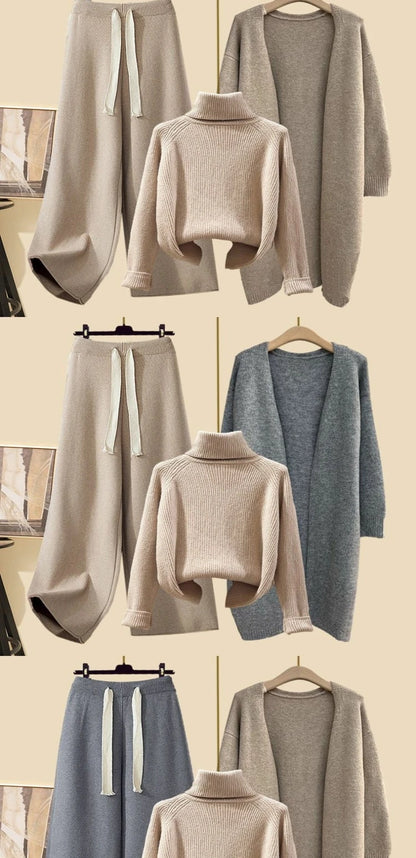 Fashionable Knitted Three-Piece Set Women's Autumn New Lazy Style Open Cardigan Outerwear Slimming Wide Leg Pants