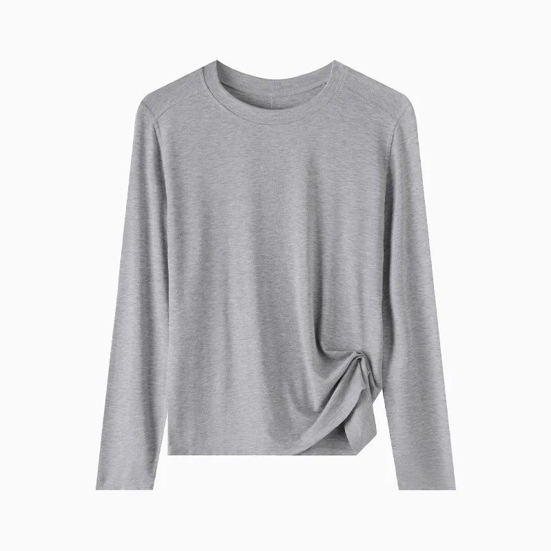 Niche Luxury Women's Solid Color Crew Neck Long Sleeve Knit Top, Soft Breathable Fabric, Casual Daily Inner Wear for Summer
