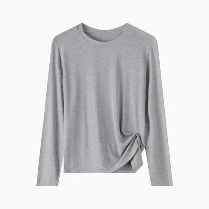 Niche Luxury Women's Solid Color Crew Neck Long Sleeve Knit Top, Soft Breathable Fabric, Casual Daily Inner Wear for Summer