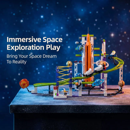 Space-themed roller coaster building block set, includes connectable circular track assembly components, a rotatable rocket laun