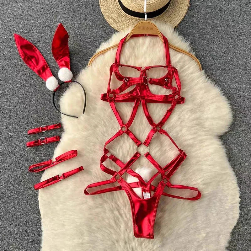 Cute Gray Rabbit Ear Hood Top Sexy Backless Slim Fit Bodysuit Zip Sleeveless Women Sexy Erotic Lingerie Bunny Cosplay Playsuit