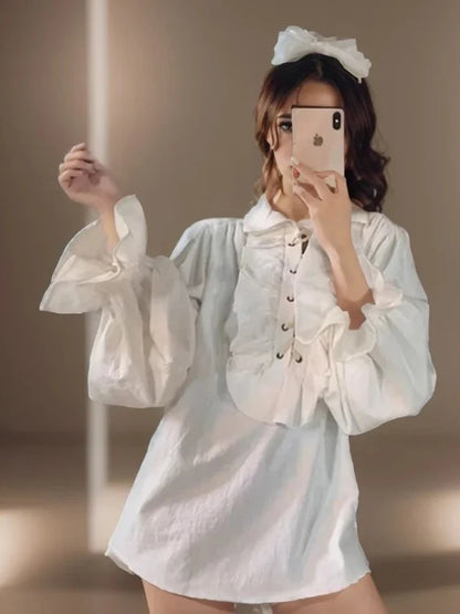Zadily 2025 Summer Women's Lolita Ruffle Trim High Neck Shirt Lace-Up Lantern Sleeves Fitted Waist Vintage Elegant Party Blouse