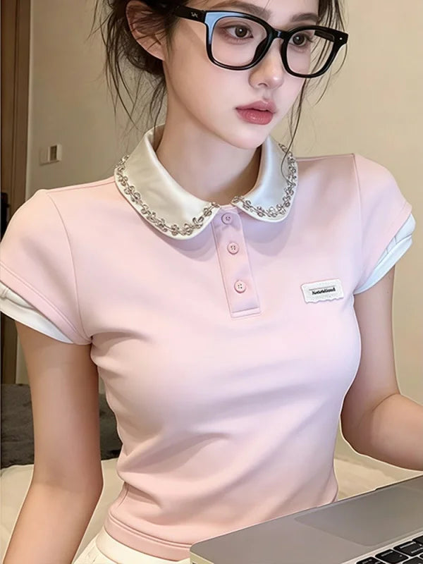Miu Series Pink Girl Style Doll Collar Short Sleeve  Shirt Women Summer Color Block Fake Two-Piece Shoulder Fit Top