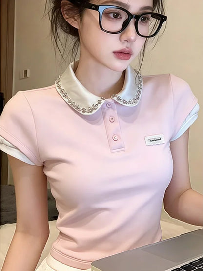 Miu Series Pink Girl Style Doll Collar Short Sleeve  Shirt Women Summer Color Block Fake Two-Piece Shoulder Fit Top