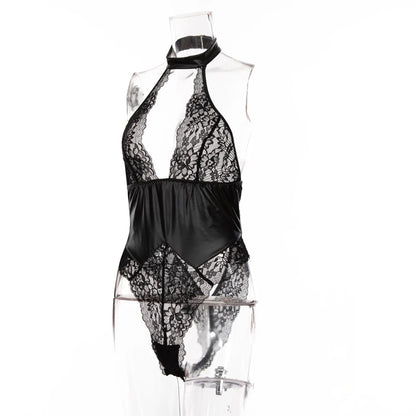 S-XXL Halter Backless Lace Transparent Swimsuit Tight Faux PU Leather High Cut Thong Bodysuit Sexy Clubwear Body Teddies Leotard