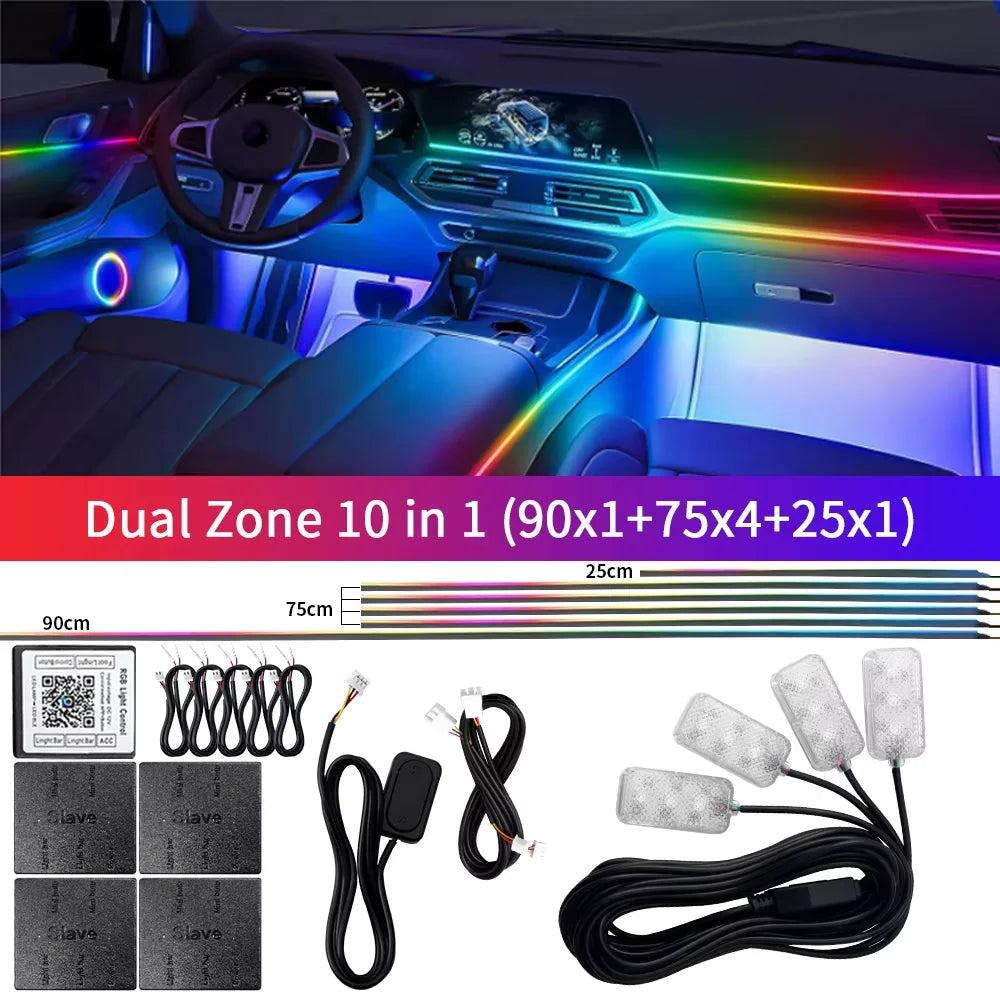 18 in 1 Dual Zone Symphony Streamer Car Ambient Light RGB 64 Colors Interior Rainbow Acrylic Strip Atmosphere Lighting kit App