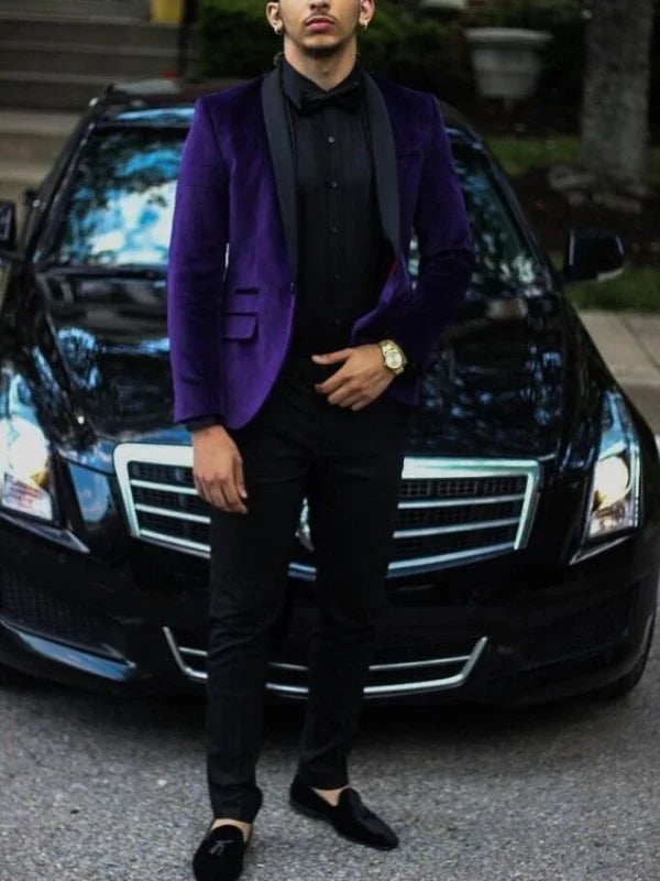 Latest Coat Pant Designs Purple Velvet Men Prom Suit Slim Fit 2 Piece Tuxedo Custom Groom Suits Fashion Blazer Masculino